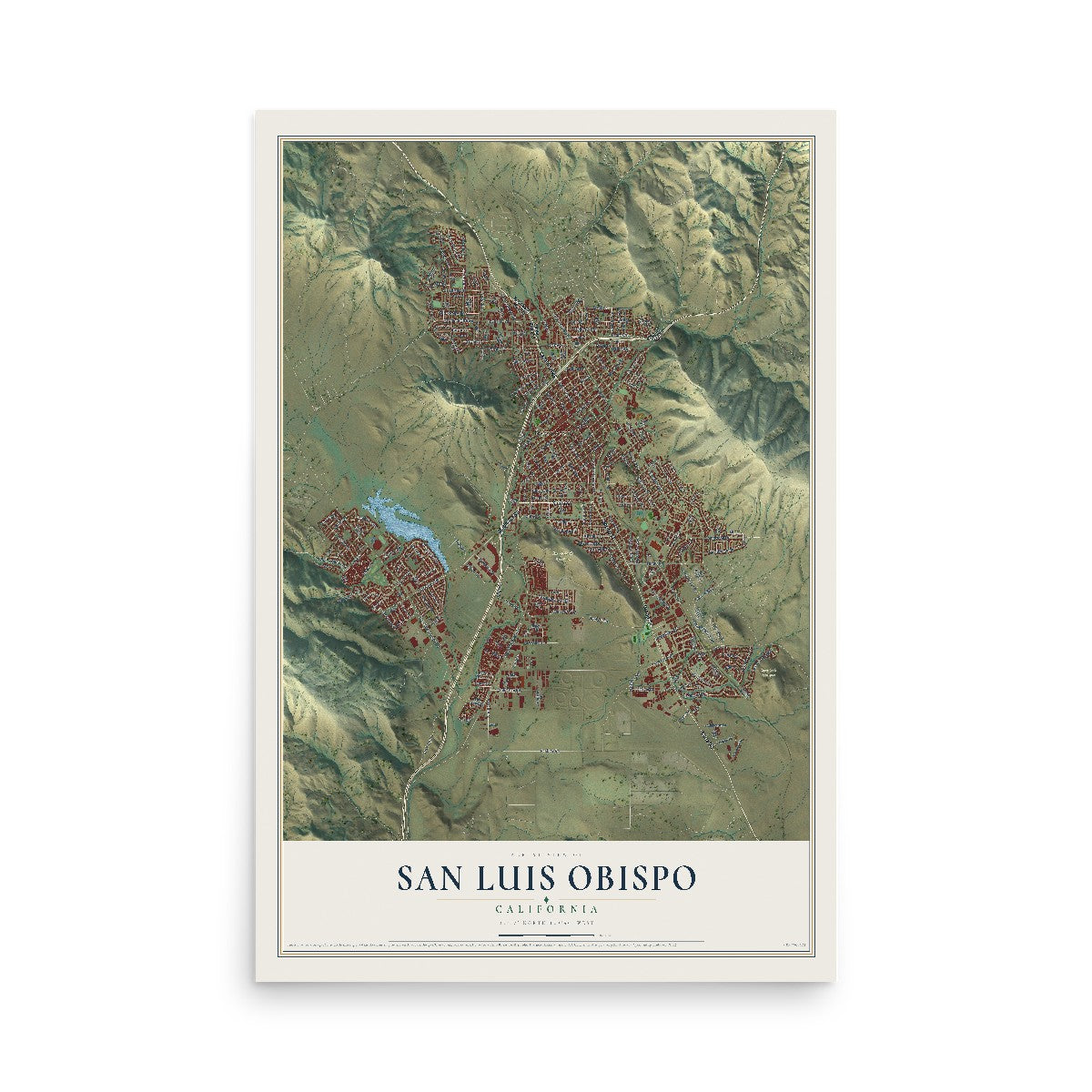 Map of San Luis Obispo, California, 12 x 18 inch unframed archival matte print