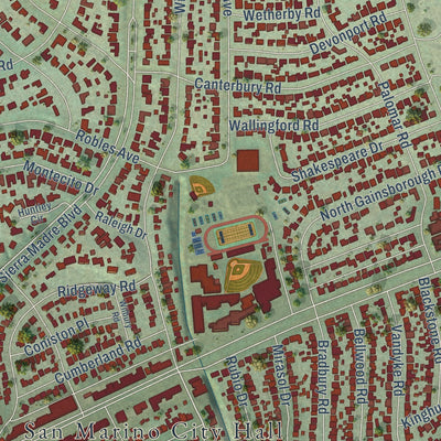 Close-up of the map of San Marino, California print showing street and building detail