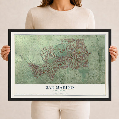 Map of San Marino, California, 12 x 18 inch print in a black wood frame
