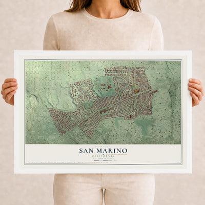 Map of San Marino, California, 12 x 18 inch print in a white wood frame