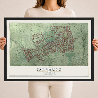 Map of San Marino, California, 18 x 24 inch print in a black wood frame