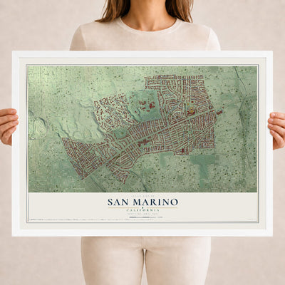 Map of San Marino, California, 18 x 24 inch print in a white wood frame