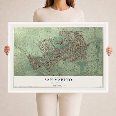Map of San Marino, California, 24 x 36 inch print in a white wood frame