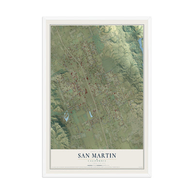 Map of San Martin, California, 12 x 18 inch print in a white wood frame