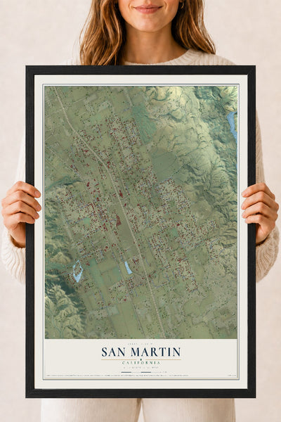Map of San Martin, California, 18 x 24 inch print in a black wood frame