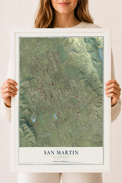 Map of San Martin, California, 18 x 24 inch print in a white wood frame