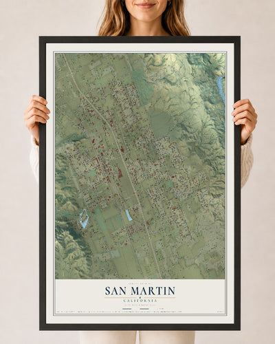 Map of San Martin, California, 24 x 36 inch print in a black wood frame
