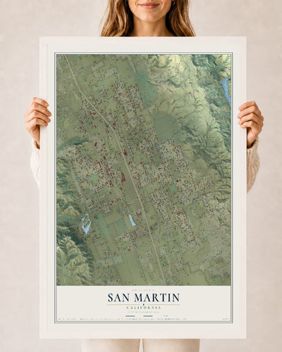Map of San Martin, California, 24 x 36 inch print in a white wood frame