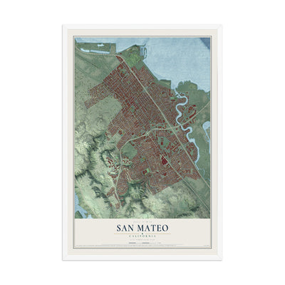 Map of San Mateo, California, 12 x 18 inch print in a white wood frame