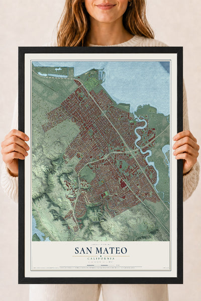 Map of San Mateo, California, 18 x 24 inch print in a black wood frame