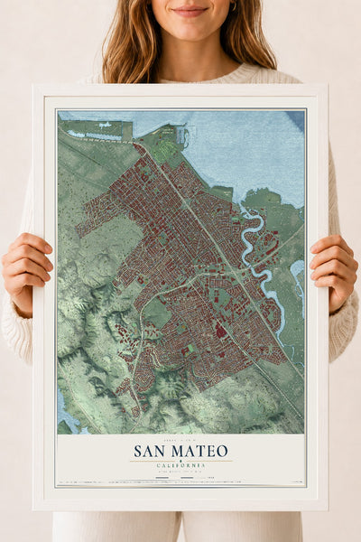 Map of San Mateo, California, 18 x 24 inch print in a white wood frame