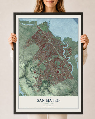 Map of San Mateo, California, 24 x 36 inch print in a black wood frame