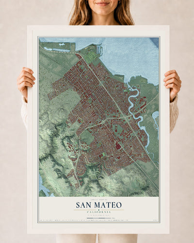 Map of San Mateo, California, 24 x 36 inch print in a white wood frame