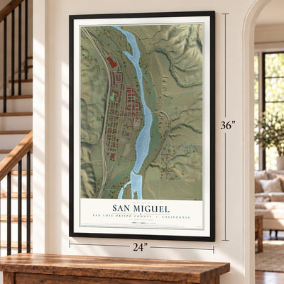 San Miguel, San Luis Obispo County, California map, 24 x 36 inch print in a black frame by a staircase