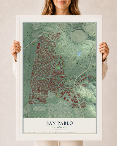 Map of San Pablo, California, 24 x 36 inch print in a white wood frame