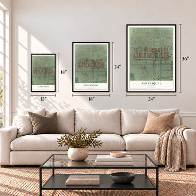 San Pasqual, California map in 12 x 18, 18 x 24 and 24 x 36 inch sizes above a sofa
