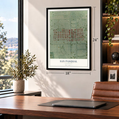 San Pasqual, California map, 18 x 24 inch print in a black frame in a home office
