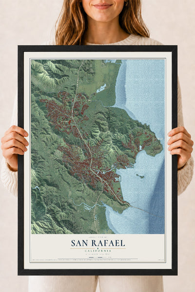Map of San Rafael, California, 18 x 24 inch print in a black wood frame