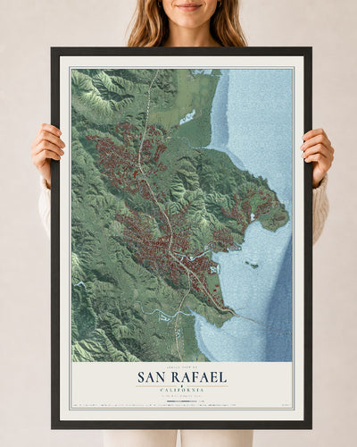 Map of San Rafael, California, 24 x 36 inch print in a black wood frame