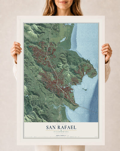 Map of San Rafael, California, 24 x 36 inch print in a white wood frame