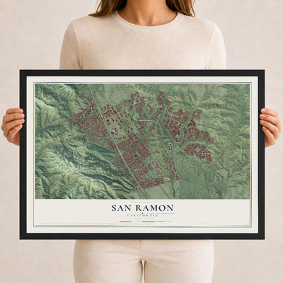 Map of San Ramon, California, 12 x 18 inch print in a black wood frame