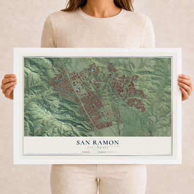 Map of San Ramon, California, 12 x 18 inch print in a white wood frame