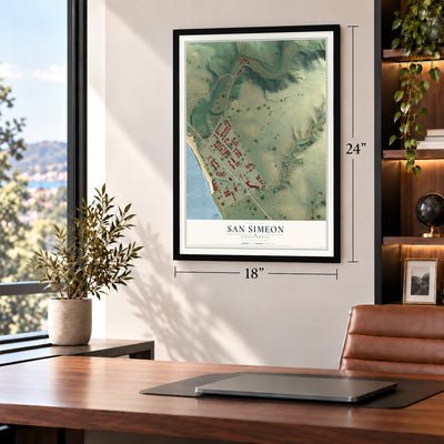 San Simeon, California map, 18 x 24 inch print in a black frame in a home office