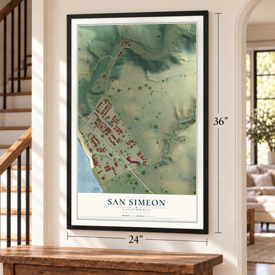 San Simeon, California map, 24 x 36 inch print in a black frame by a staircase