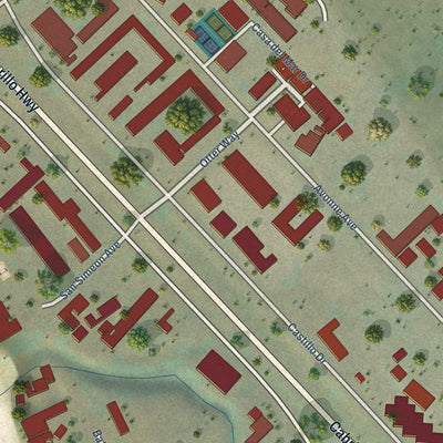 Close-up of the map of San Simeon, California print showing street and building detail