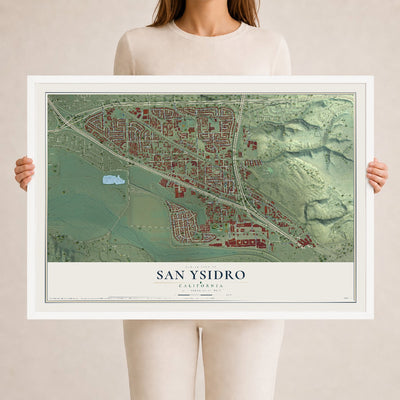 Map of San Ysidro, California, 24 x 36 inch print in a white wood frame