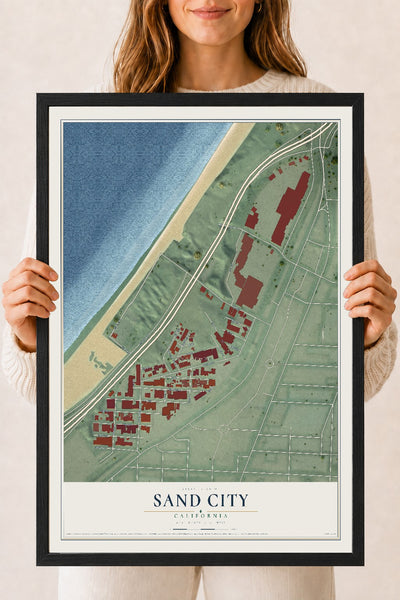 Map of Sand City, California, 18 x 24 inch print in a black wood frame