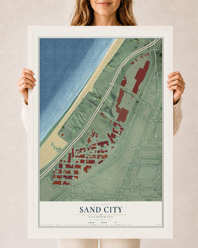 Map of Sand City, California, 24 x 36 inch print in a white wood frame