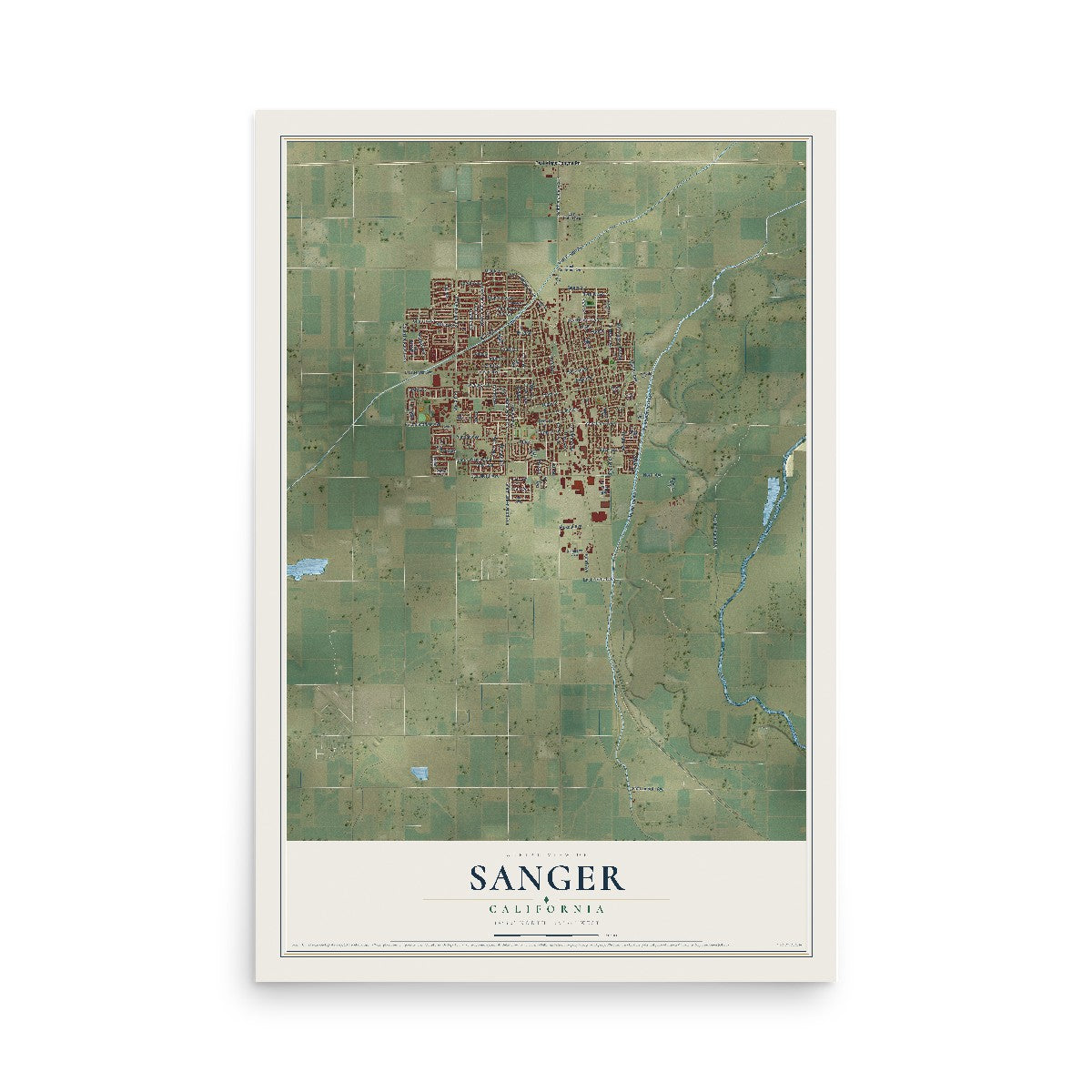 Map of Sanger, California, 12 x 18 inch unframed archival matte print