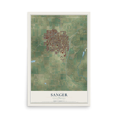 Map of Sanger, California, 12 x 18 inch unframed archival matte print