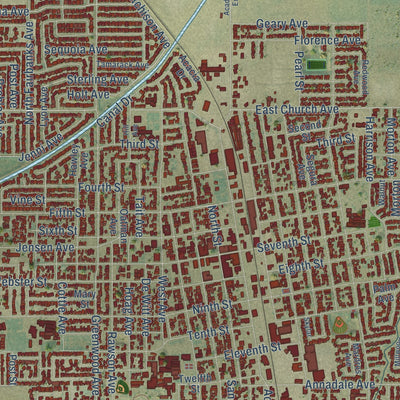 Close-up of the map of Sanger, California print showing street and building detail