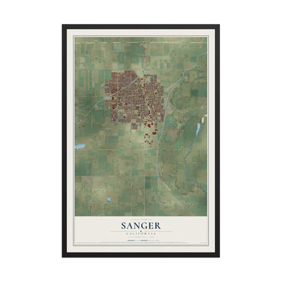 Map of Sanger, California, 12 x 18 inch print in a black wood frame