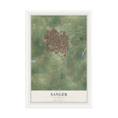 Map of Sanger, California, 12 x 18 inch print in a white wood frame