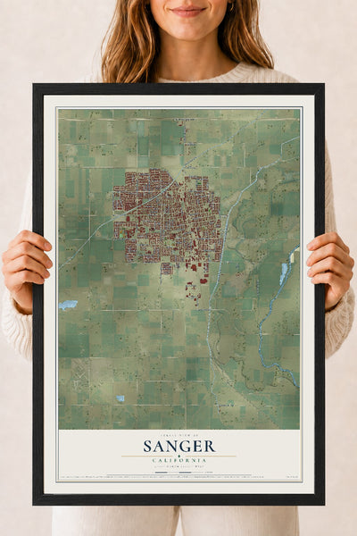 Map of Sanger, California, 18 x 24 inch print in a black wood frame