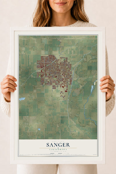 Map of Sanger, California, 18 x 24 inch print in a white wood frame