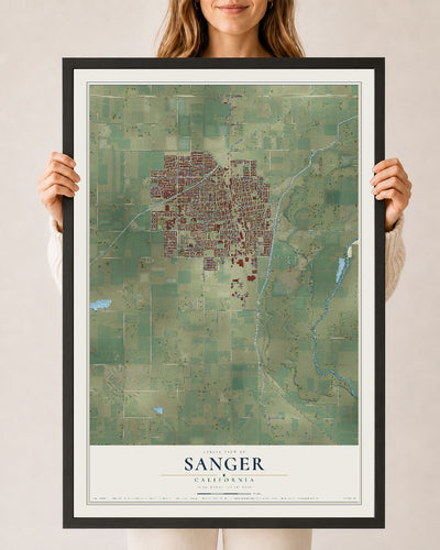 Map of Sanger, California, 24 x 36 inch print in a black wood frame