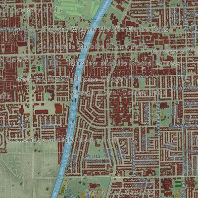Second close-up of the map of Santa Ana, California print showing more streets and buildings