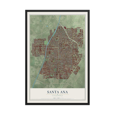 Map of Santa Ana, California, 12 x 18 inch print in a black wood frame