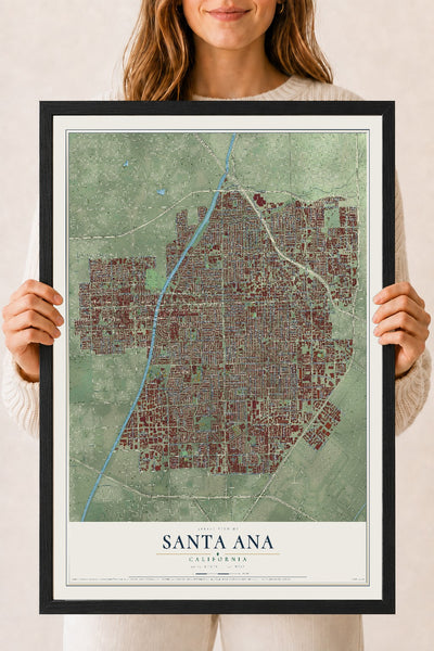 Map of Santa Ana, California, 18 x 24 inch print in a black wood frame