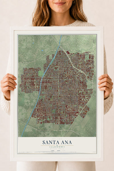 Map of Santa Ana, California, 18 x 24 inch print in a white wood frame