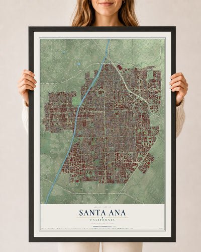 Map of Santa Ana, California, 24 x 36 inch print in a black wood frame