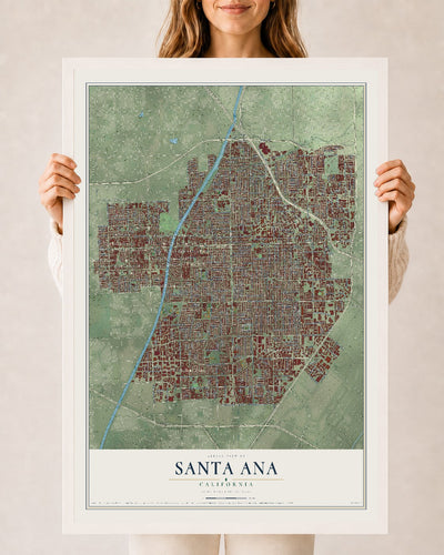 Map of Santa Ana, California, 24 x 36 inch print in a white wood frame