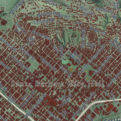 Close-up of the map of Santa Barbara, California print showing street and building detail