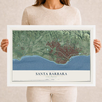 Map of Santa Barbara, California, 12 x 18 inch print in a white wood frame