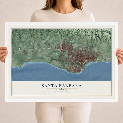 Map of Santa Barbara, California, 18 x 24 inch print in a white wood frame