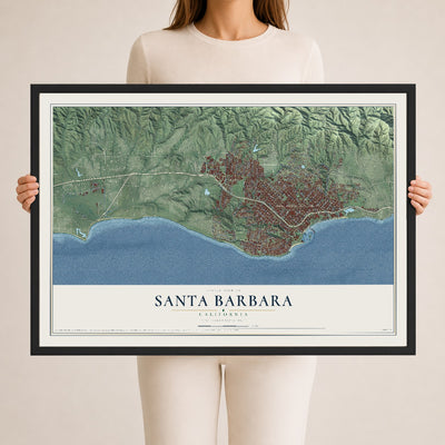 Map of Santa Barbara, California, 24 x 36 inch print in a black wood frame